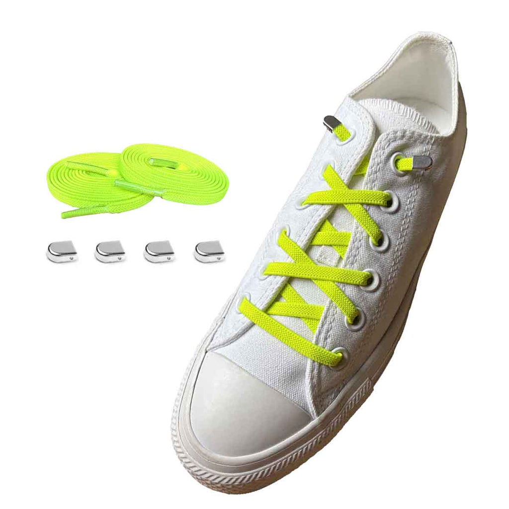 cordones-elásticos-amarillo-neón-clip-plata-brillante-zapatos