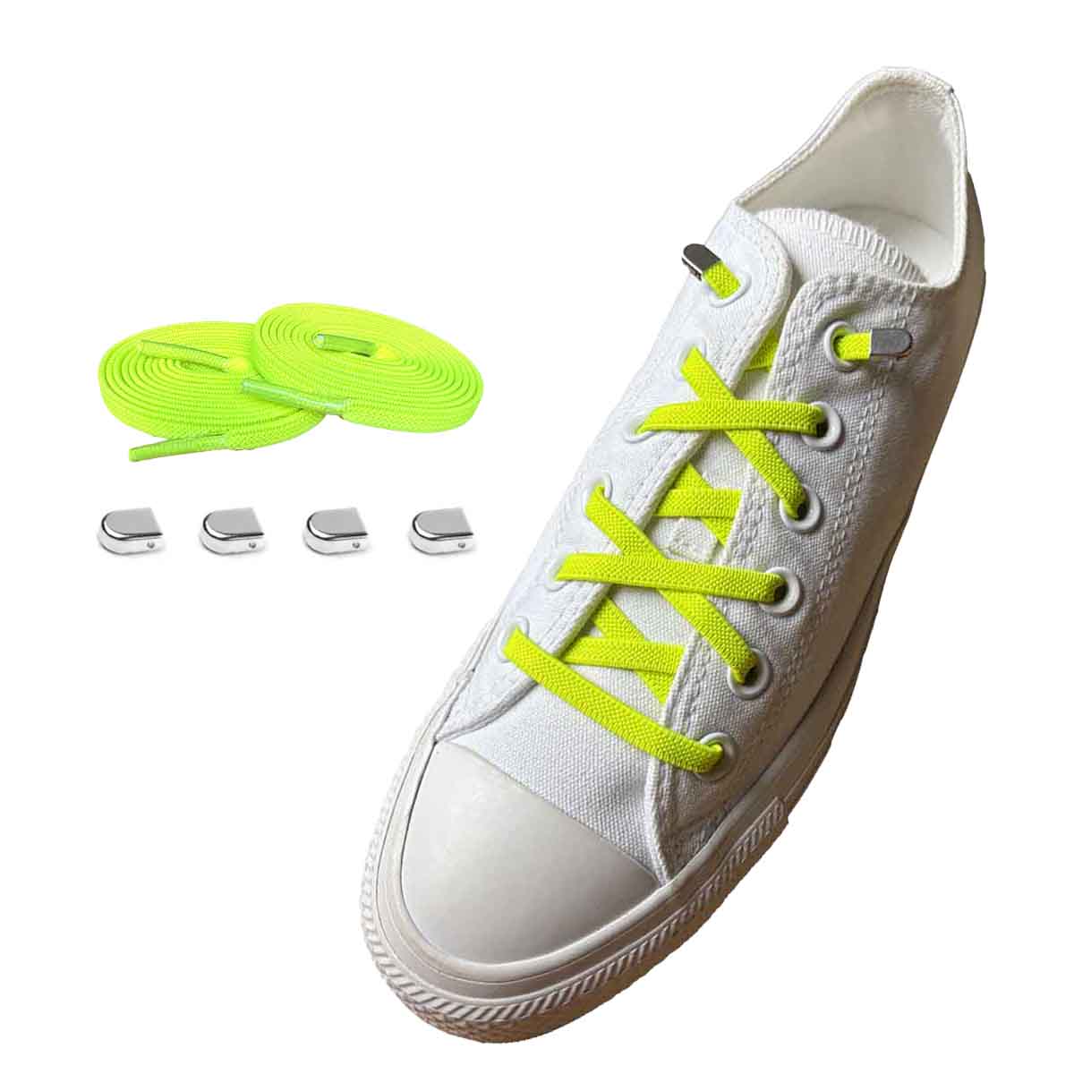 cordones-elásticos-amarillo-neón-clip-plata-brillante-zapatos
