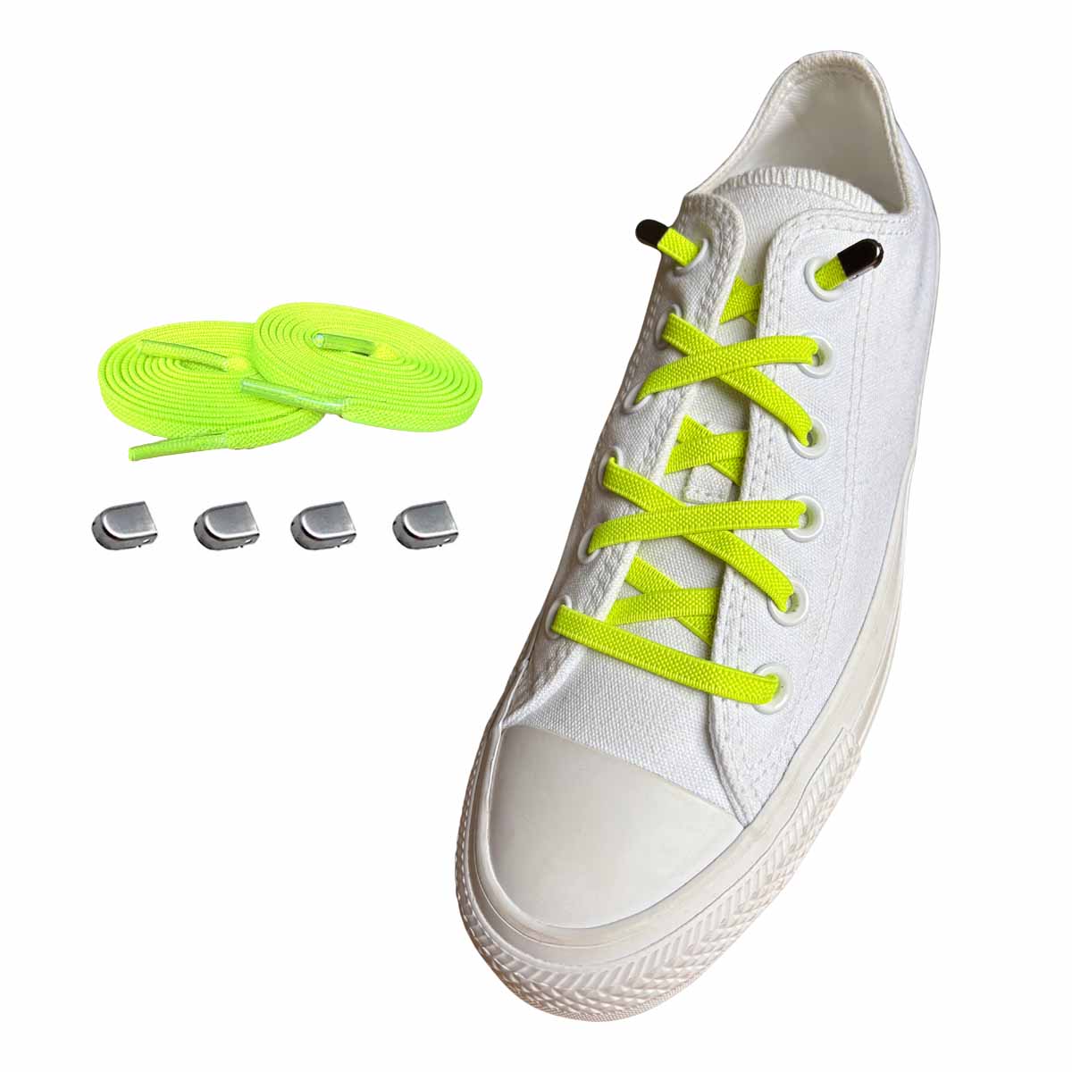 cordones-elásticos-amarillo-neón-clip-plata-mate-zapatos
