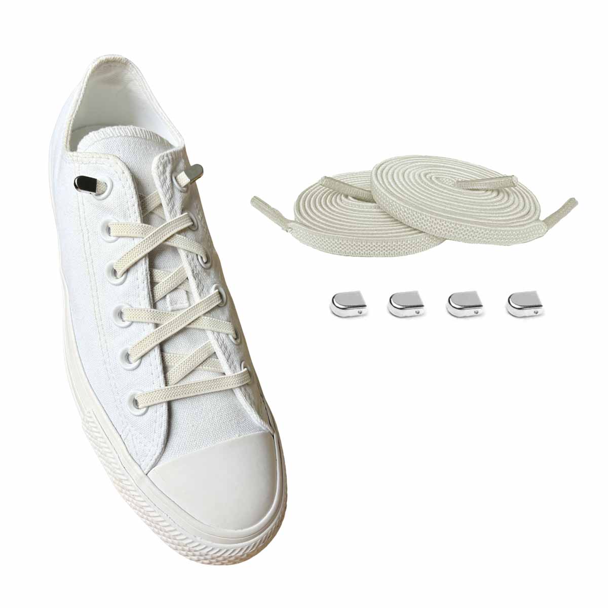 cordones-elásticos-blanco-crema-clip-plata-brillante-zapatos