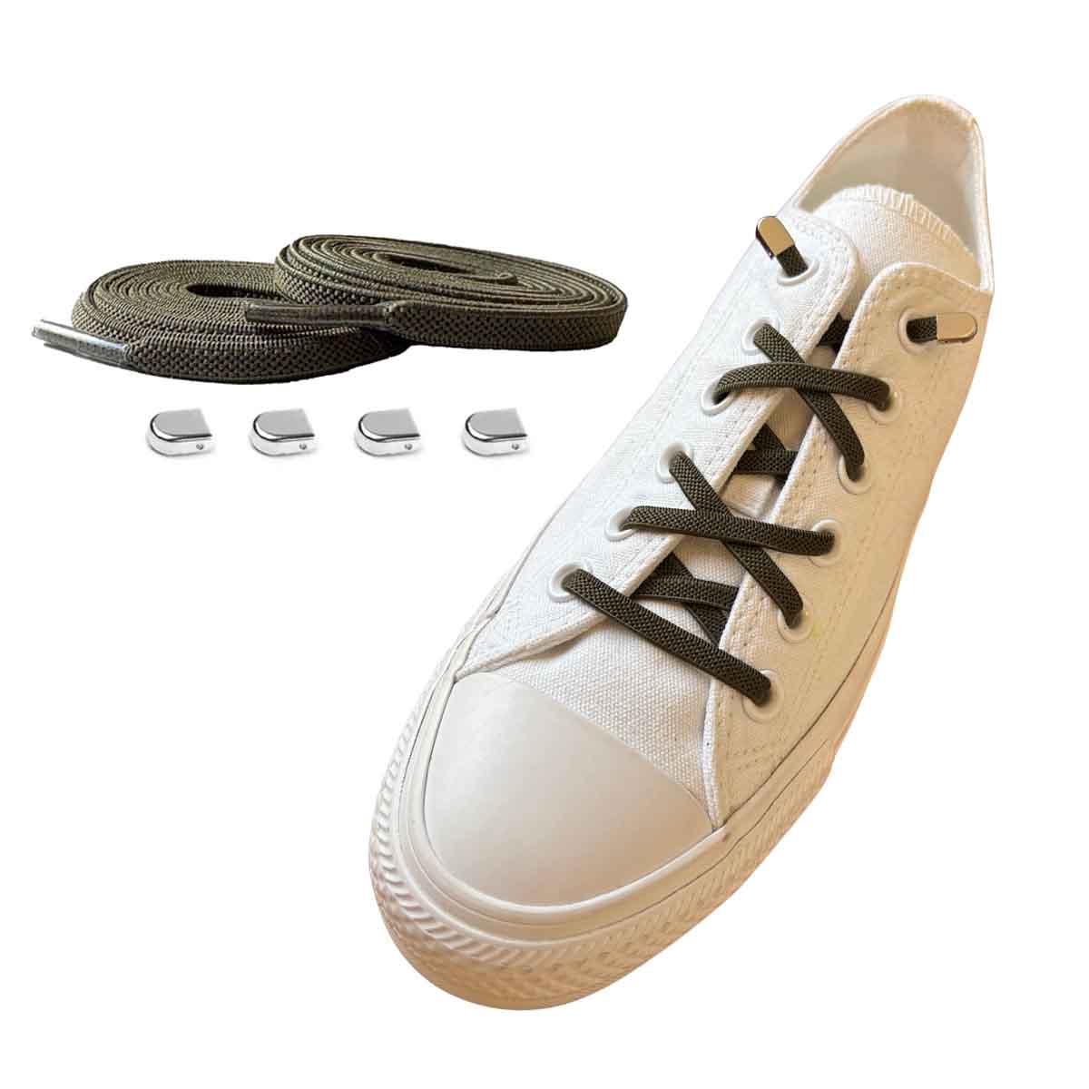 cordones-elásticos-verde-oliva-clip-plata-brillante-zapatos