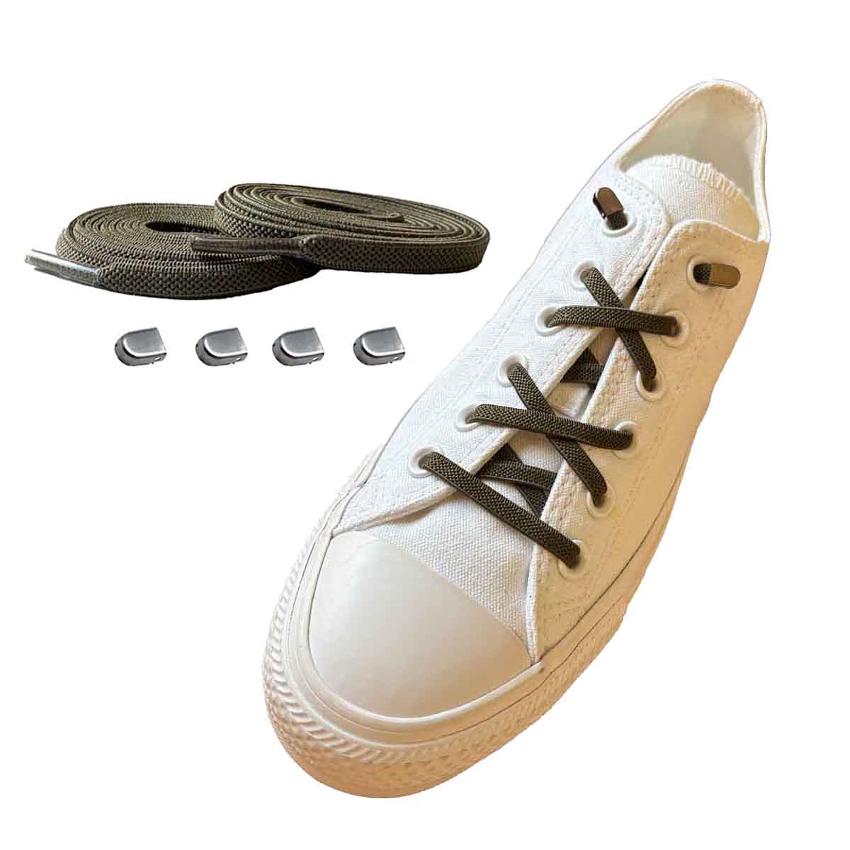 cordones-elásticos-verde-oliva-clip-plata-mate-zapatos